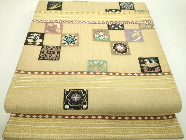 平和屋着物▼夏物　中国三大刺繍　相良刺繍　明綴れ　袋帯　市松花鳥文　金糸　正絹　逸品　DABJ8808ps