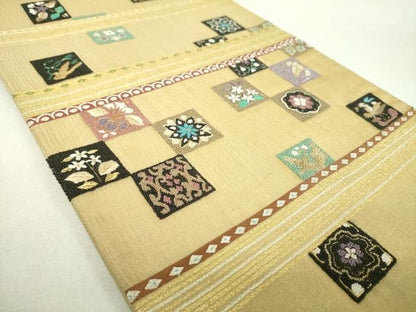 平和屋着物▼夏物　中国三大刺繍　相良刺繍　明綴れ　袋帯　市松花鳥文　金糸　正絹　逸品　DABJ8808ps
