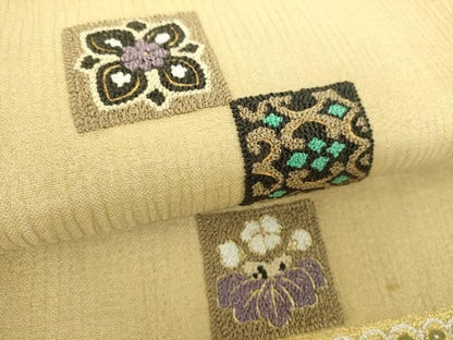 平和屋着物▼夏物　中国三大刺繍　相良刺繍　明綴れ　袋帯　市松花鳥文　金糸　正絹　逸品　DABJ8808ps