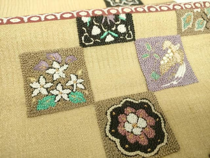 平和屋着物▼夏物　中国三大刺繍　相良刺繍　明綴れ　袋帯　市松花鳥文　金糸　正絹　逸品　DABJ8808ps