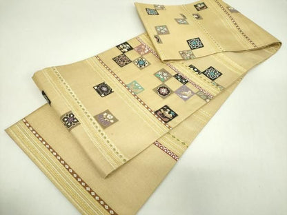 平和屋着物▼夏物　中国三大刺繍　相良刺繍　明綴れ　袋帯　市松花鳥文　金糸　正絹　逸品　DABJ8808ps