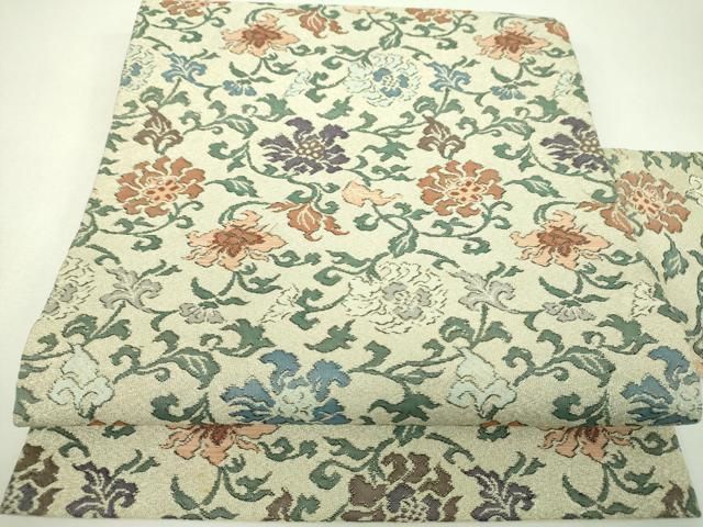 平和屋着物▼九寸名古屋帯　花唐草文　金糸　正絹　逸品　DABJ8812ps