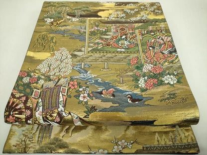 平和屋着物▼六通柄袋帯　唐織　平安人物風景　御所車花文　金糸　正絹　逸品　DABJ8857ps