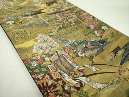 平和屋着物▼六通柄袋帯　唐織　平安人物風景　御所車花文　金糸　正絹　逸品　DABJ8857ps