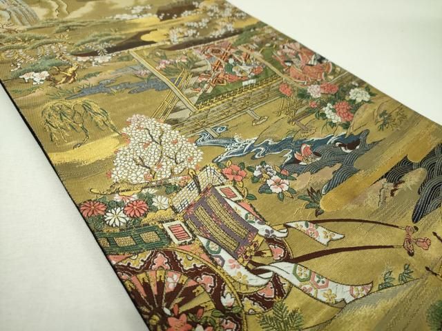 平和屋着物▼六通柄袋帯　唐織　平安人物風景　御所車花文　金糸　正絹　逸品　DABJ8857ps