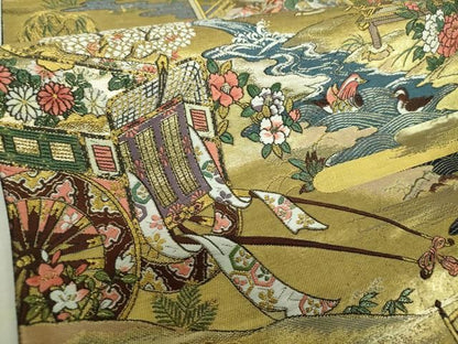 平和屋着物▼六通柄袋帯　唐織　平安人物風景　御所車花文　金糸　正絹　逸品　DABJ8857ps