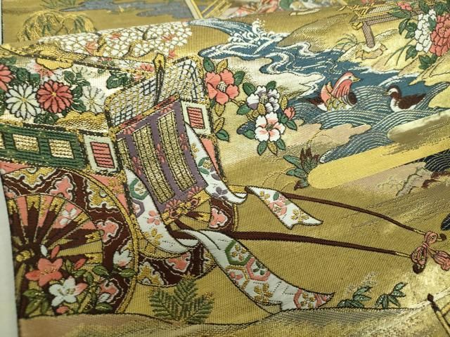 平和屋着物▼六通柄袋帯　唐織　平安人物風景　御所車花文　金糸　正絹　逸品　DABJ8857ps