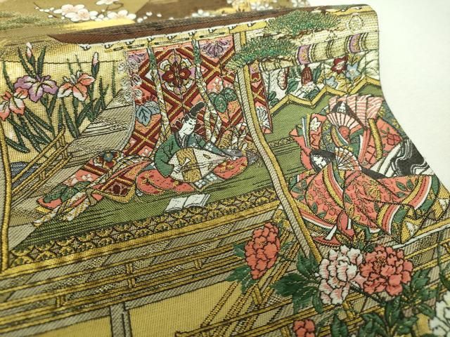 平和屋着物▼六通柄袋帯　唐織　平安人物風景　御所車花文　金糸　正絹　逸品　DABJ8857ps