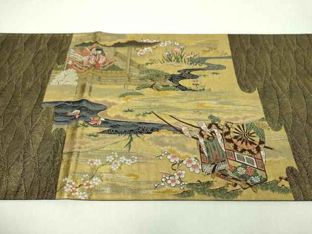 平和屋着物▼六通柄袋帯　唐織　平安人物風景　御所車花文　金糸　正絹　逸品　DABJ8857ps