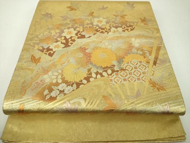 平和屋着物●金彩友禅　卓越技能者・名工・和田光正　太鼓柄袋帯　竜田川　舞扇花文　金銀彩　引箔　正絹　逸品　DABJ8893ps