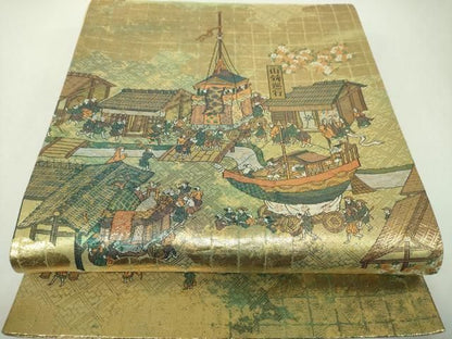 平和屋着物▼両面　全景全通柄袋帯　洛中洛外図　金糸　正絹　逸品　DABJ8897ps