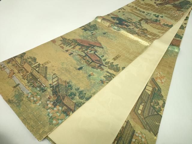 平和屋着物▼両面　全景全通柄袋帯　洛中洛外図　金糸　正絹　逸品　DABJ8897ps