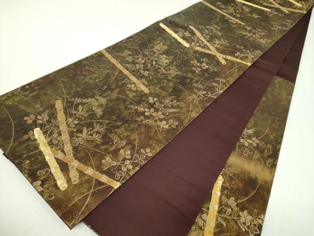 平和屋着物▼六通柄袋帯　駒刺繍　横笛花文　金糸　引箔　正絹　逸品　DABJ8912ps