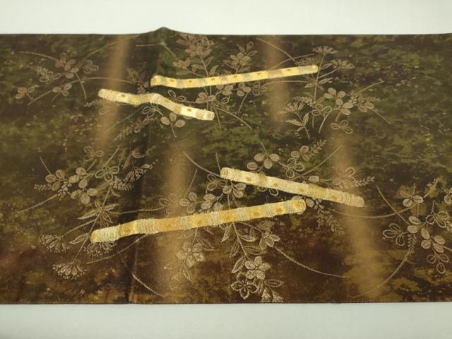 平和屋着物▼六通柄袋帯　駒刺繍　横笛花文　金糸　引箔　正絹　逸品　DABJ8912ps