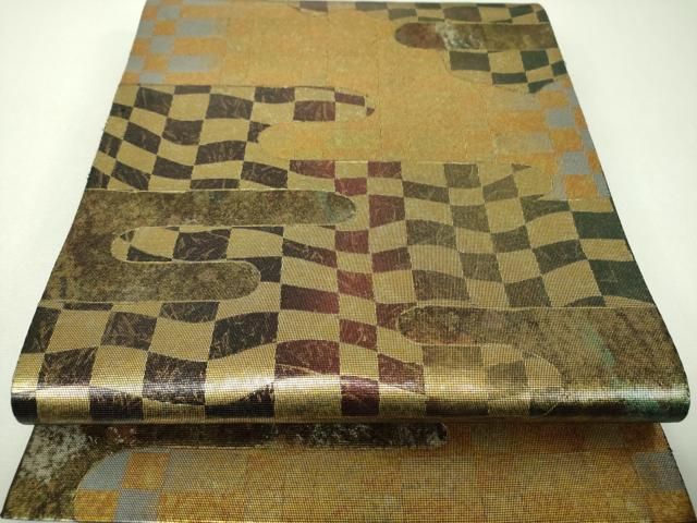 平和屋着物▼太鼓柄袋帯　京箔楽　霞変わり市松　金銀彩　引箔　正絹　逸品　DABJ8929ps