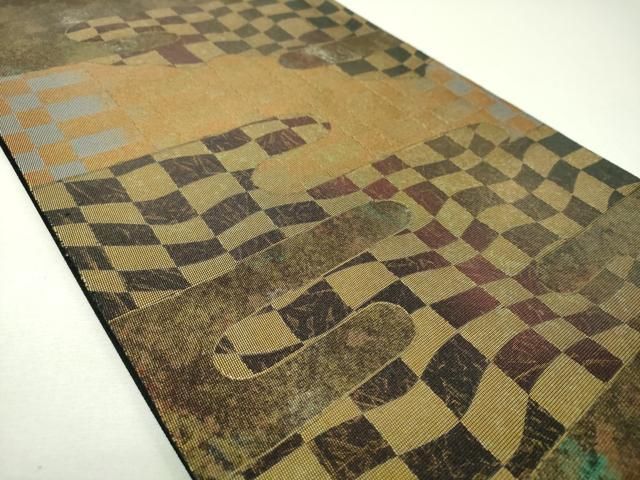 平和屋着物▼太鼓柄袋帯　京箔楽　霞変わり市松　金銀彩　引箔　正絹　逸品　DABJ8929ps