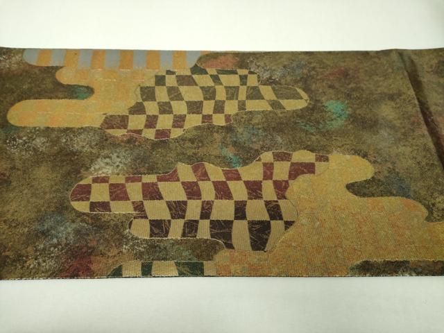 平和屋着物▼太鼓柄袋帯　京箔楽　霞変わり市松　金銀彩　引箔　正絹　逸品　DABJ8929ps