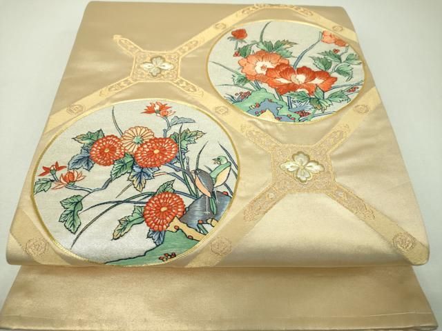 平和屋着物▼太鼓柄袋帯　駒刺繍　総刺繍　蜀江花鳥文　金銀糸　正絹　逸品　DABJ8931ps
