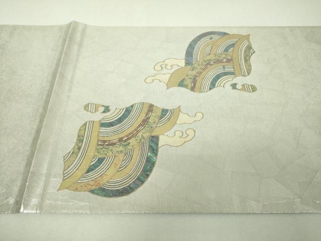 平和屋着物▼太鼓柄袋帯　黄秀螺鈿　立波文　金銀彩　引箔　正絹　逸品　DABJ8932ps