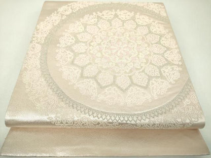 平和屋着物▼太鼓柄袋帯　総刺繍　正倉院舞蝶花文　銀糸　正絹　逸品　DABJ8933ps