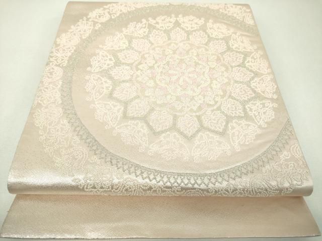 平和屋着物▼太鼓柄袋帯　総刺繍　正倉院舞蝶花文　銀糸　正絹　逸品　DABJ8933ps