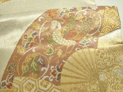 平和屋着物▼六通柄袋帯　唐織　粋華　彩美全通箔　正倉院扇面文　金銀糸　正絹　逸品　DABJ8944ps