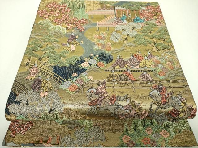 平和屋着物▼六通柄袋帯　唐織　風景人物花文　金糸　正絹　逸品　DABJ8946ps