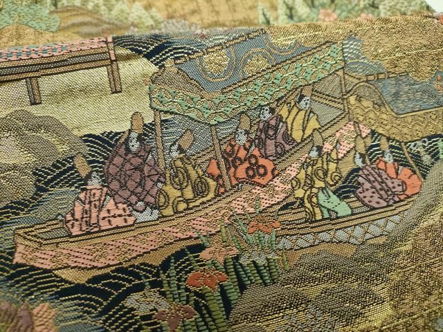 平和屋着物▼六通柄袋帯　唐織　風景人物花文　金糸　正絹　逸品　DABJ8946ps