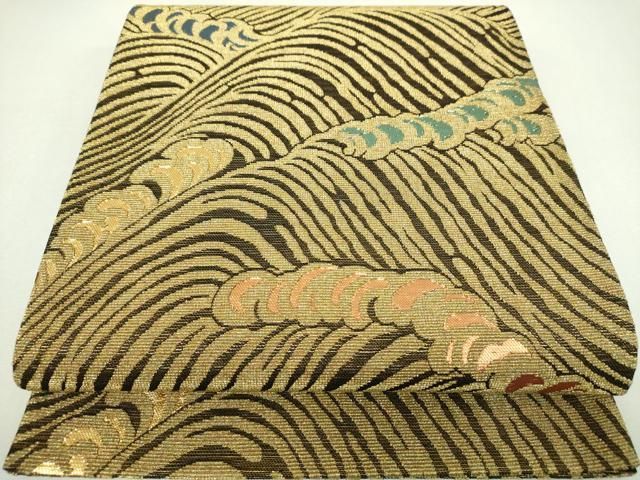 平和屋着物▼極上　ファッションデザイナー　花井幸子　六通柄袋帯　金華山織　立波文　金糸　正絹　逸品　DABJ8964ps