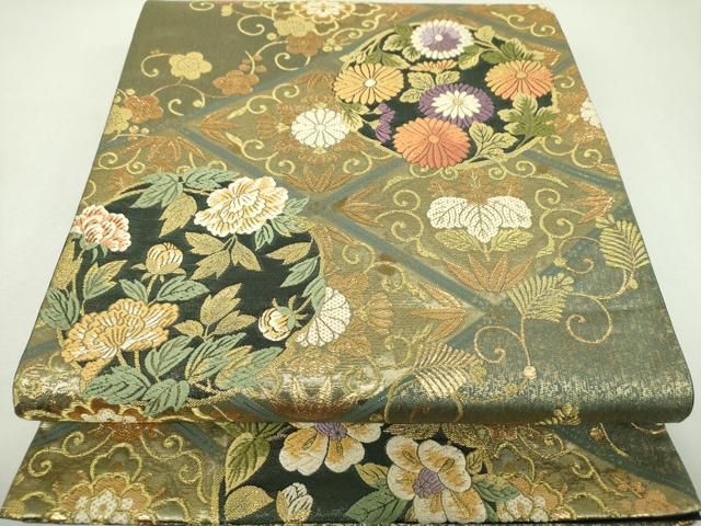 平和屋着物▼六通柄袋帯　唐織　花丸文　金糸　正絹　逸品　DABJ8975ps