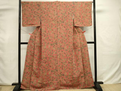 平和屋着物■上質な小紋　更紗花文　鬼しぼ縮緬　正絹　逸品　未使用　DABJ9020ya