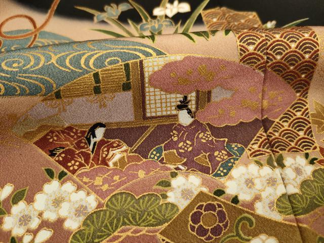 平和屋着物■豪華黒留袖　御所車人物花松文　枝梅　暈し染め　金彩　正絹　逸品　DABJ9053ya