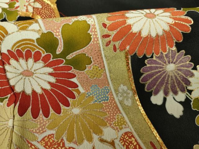 平和屋着物■豪華黒留袖　駒刺繍　檜扇吉祥花文　菊　金彩　正絹　逸品　DABJ9067ya