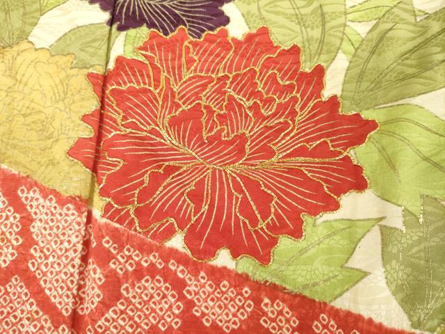 平和屋着物■豪華振袖　駒刺繍　絞り　牡丹唐草文　金彩　正絹　逸品　DABJ9102ya