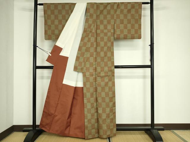 平和屋着物■上質な紬　格子文　正絹　逸品　DABJ9114ya