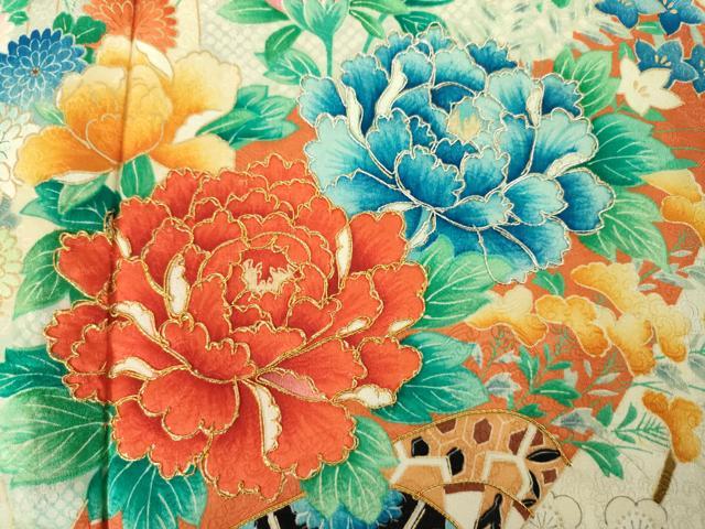 平和屋着物■豪華振袖　駒刺繍　絞り　扇面草花文　牡丹　金彩　正絹　逸品　DABJ9117ya