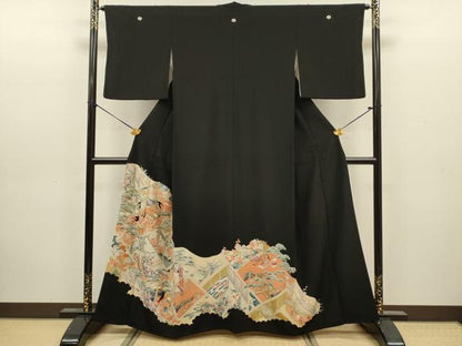 平和屋着物■豪華黒留袖　駒刺繍　人物風景花松文　金彩　正絹　逸品　DABJ9134ya