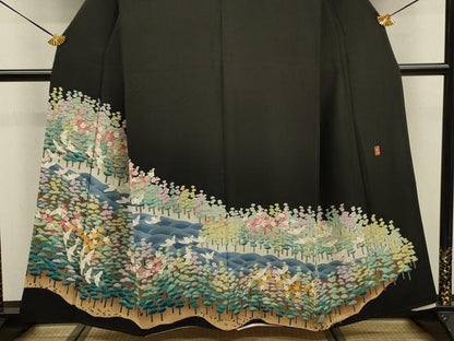 平和屋着物■豪華黒留袖　友禅　作家物　花鳥文　正絹　逸品　DABJ9135ya