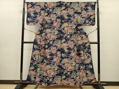 平和屋着物■上質な小紋　型染め　風景花文　正絹　逸品　DABJ9145ya