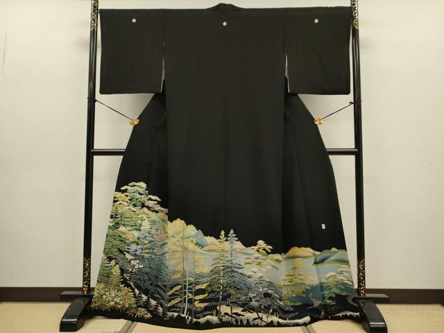 平和屋着物■豪華黒留袖　友禅　作家物　風景花松文　正絹　逸品　DABJ9169ya