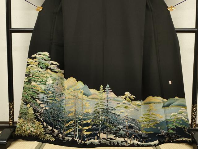平和屋着物■豪華黒留袖　友禅　作家物　風景花松文　正絹　逸品　DABJ9169ya