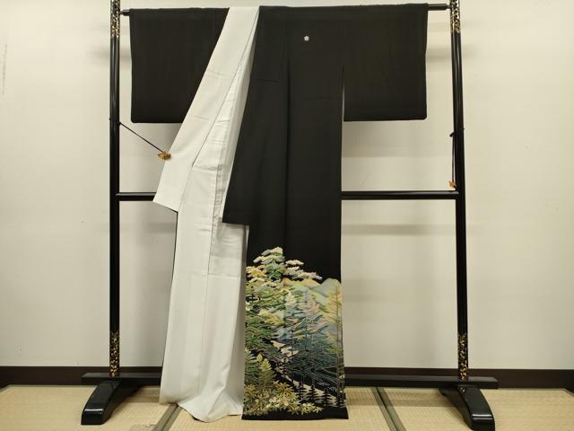 平和屋着物■豪華黒留袖　友禅　作家物　風景花松文　正絹　逸品　DABJ9169ya