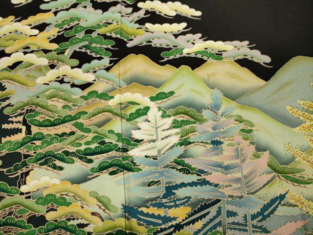 平和屋着物■豪華黒留袖　友禅　作家物　風景花松文　正絹　逸品　DABJ9169ya
