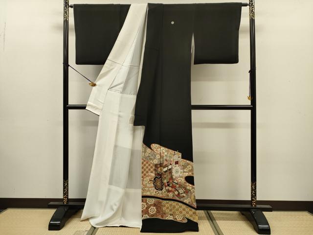 平和屋着物■豪華黒留袖　作家物　御所車花文　金彩　ロング丈　正絹　逸品　DABJ9175ya