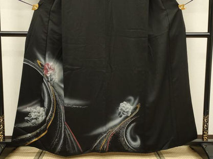 平和屋着物■訪問着　草花文　暈し染め　黒地　金銀彩　正絹　逸品　DABJ9204ya
