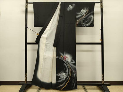 平和屋着物■訪問着　草花文　暈し染め　黒地　金銀彩　正絹　逸品　DABJ9204ya