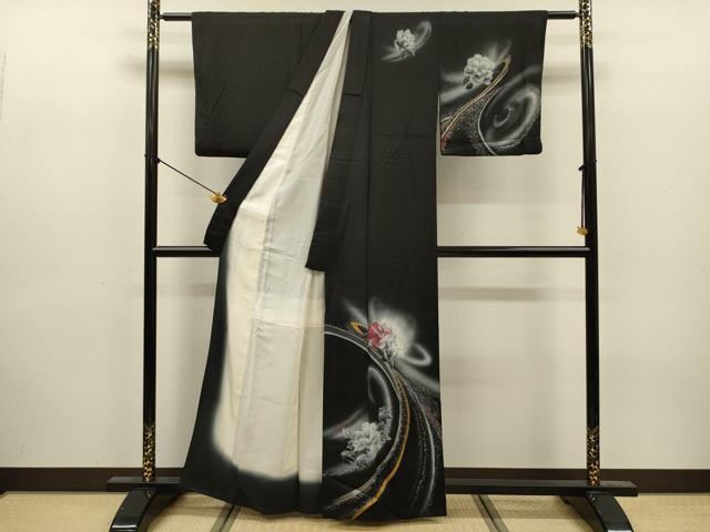 平和屋着物■訪問着　草花文　暈し染め　黒地　金銀彩　正絹　逸品　DABJ9204ya