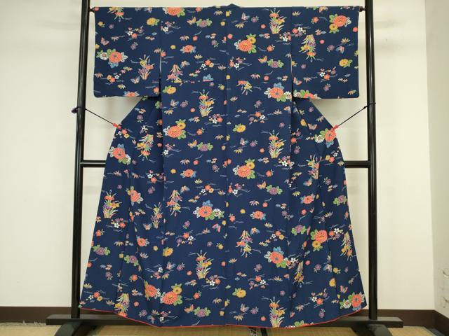 平和屋着物■上質な小紋　型染め　舞蝶花文　正絹　逸品　DABJ9214ya