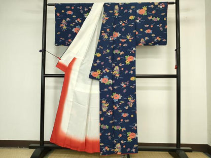平和屋着物■上質な小紋　型染め　舞蝶花文　正絹　逸品　DABJ9214ya