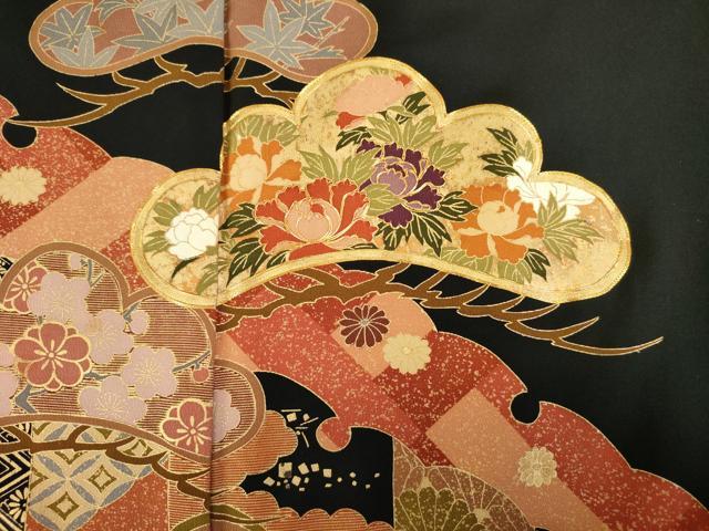 平和屋着物■豪華黒留袖　駒刺繍　吉祥花丸文　松竹梅　金彩　正絹　逸品　DABJ9248ya